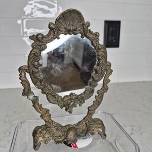 Vintage Vanity Mirror Ornate Cherub Brass Small Gold